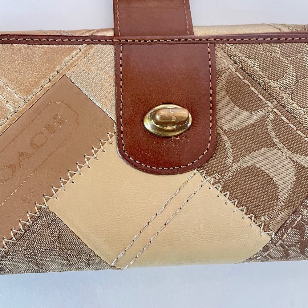 Coach Patchwork Gold Canvas/Leather Logo Turnlock Long Wallet - Picture 13 of 15